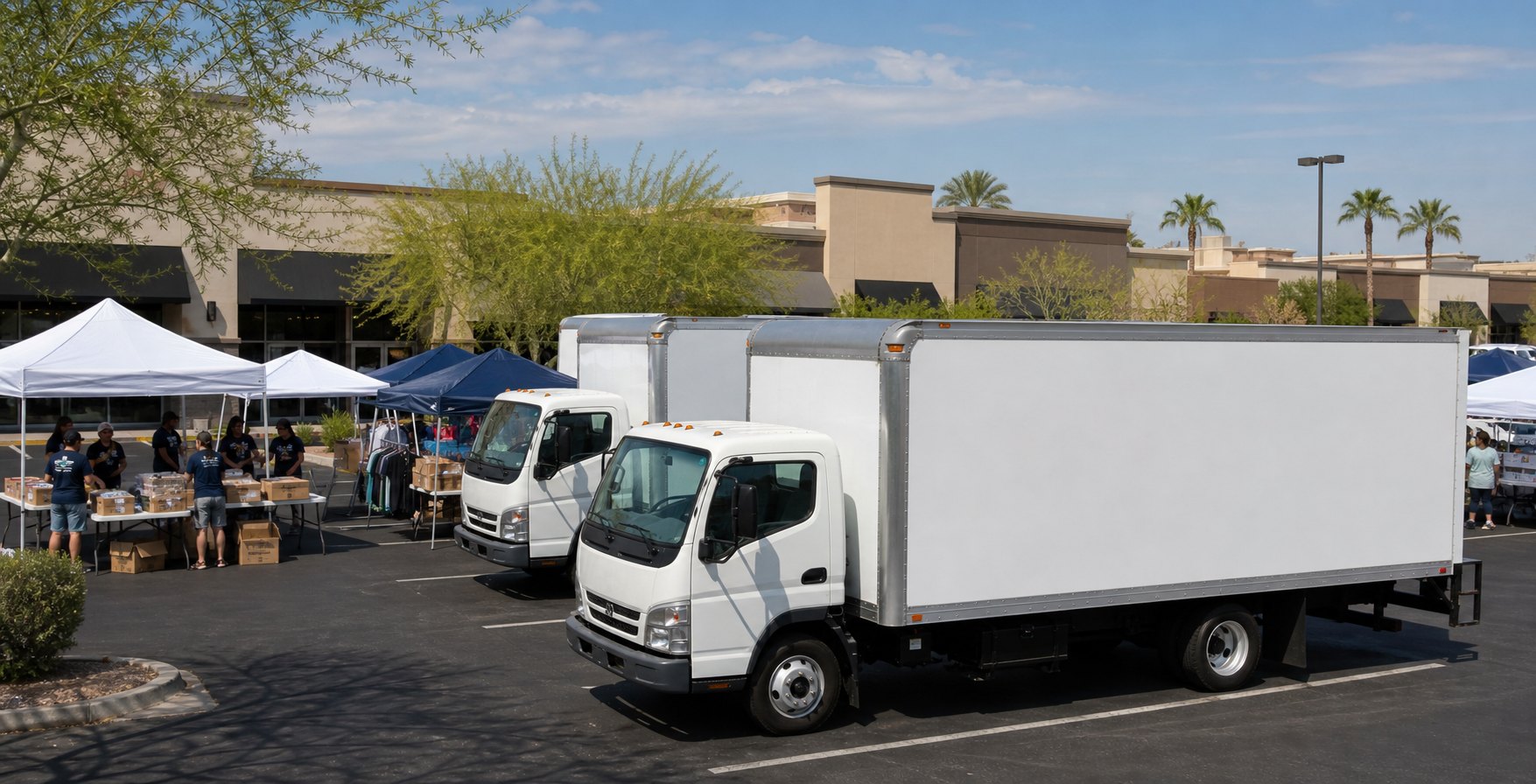 We Share box trucks at a parking lot pop-up event with tents and volunteers
